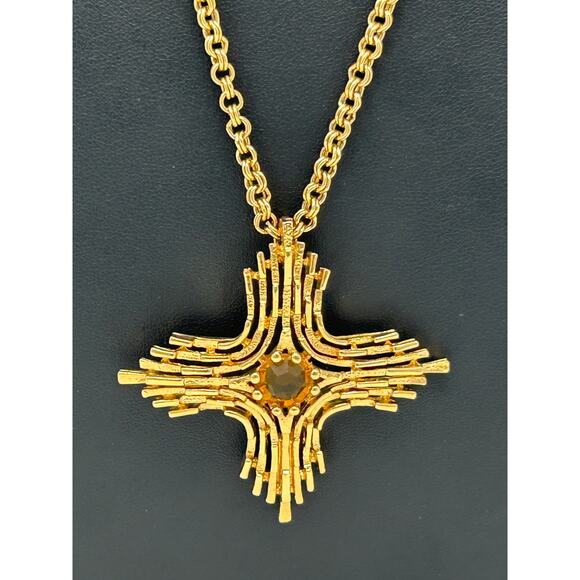 Vintage Sarah Coventry Gold Tone Cross with Amber Rhinestone - Picture 2 of 9